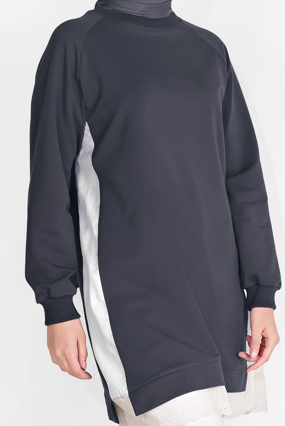 Tesettür giyim GRİ ETEK UCU GÜPÜRLÜ PARÇALI TUNİK 75025 