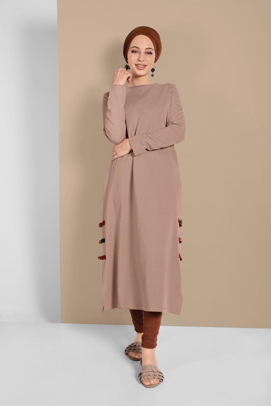 Tesettür giyim VİZON YAN KISIMLARI BİYE DETAYLI TUNİK 95805