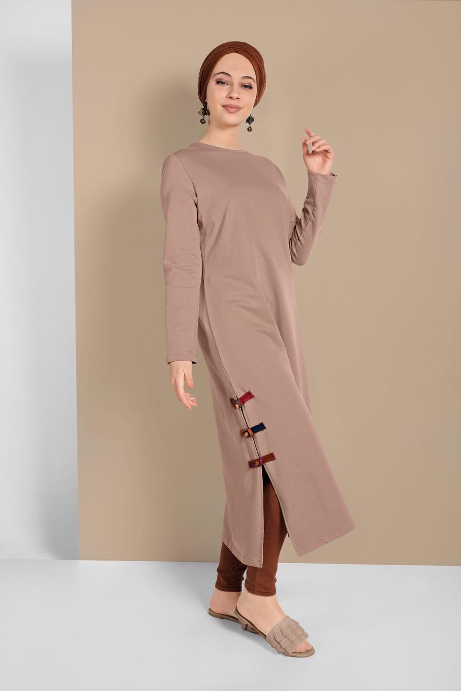 Tesettür giyim VİZON YAN KISIMLARI BİYE DETAYLI TUNİK 95805