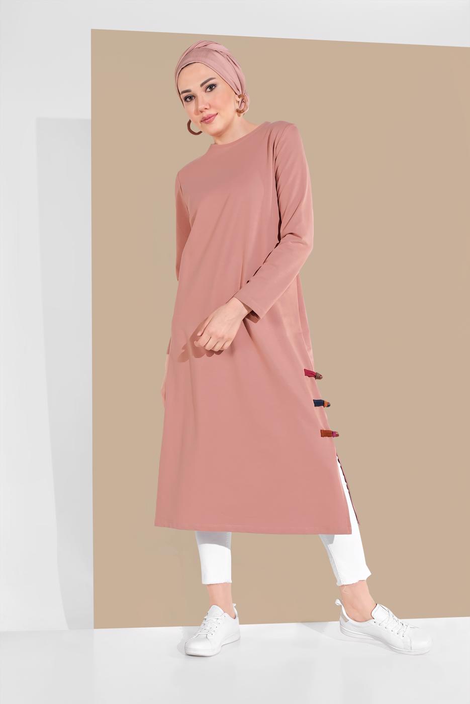 Tesettür giyim PEMBE YAN KISIMLARI BİYE DETAYLI TUNİK 95805
