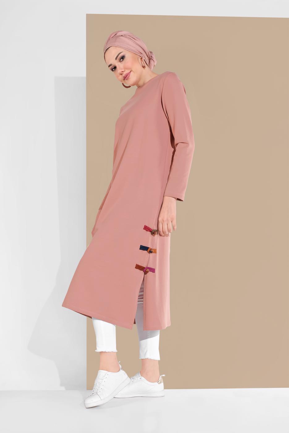 Tesettür giyim PEMBE YAN KISIMLARI BİYE DETAYLI TUNİK 95805