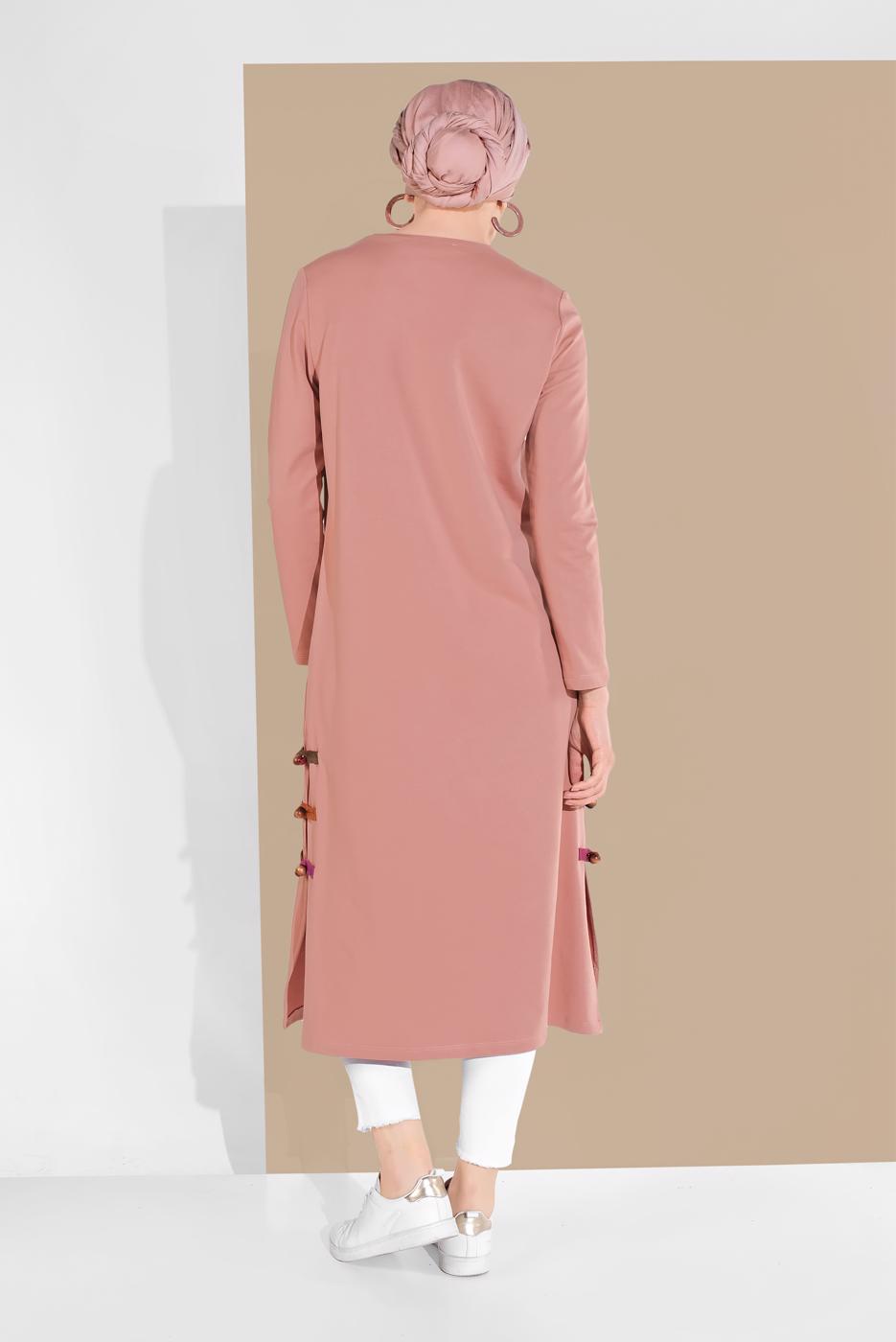 Tesettür giyim PEMBE YAN KISIMLARI BİYE DETAYLI TUNİK 95805