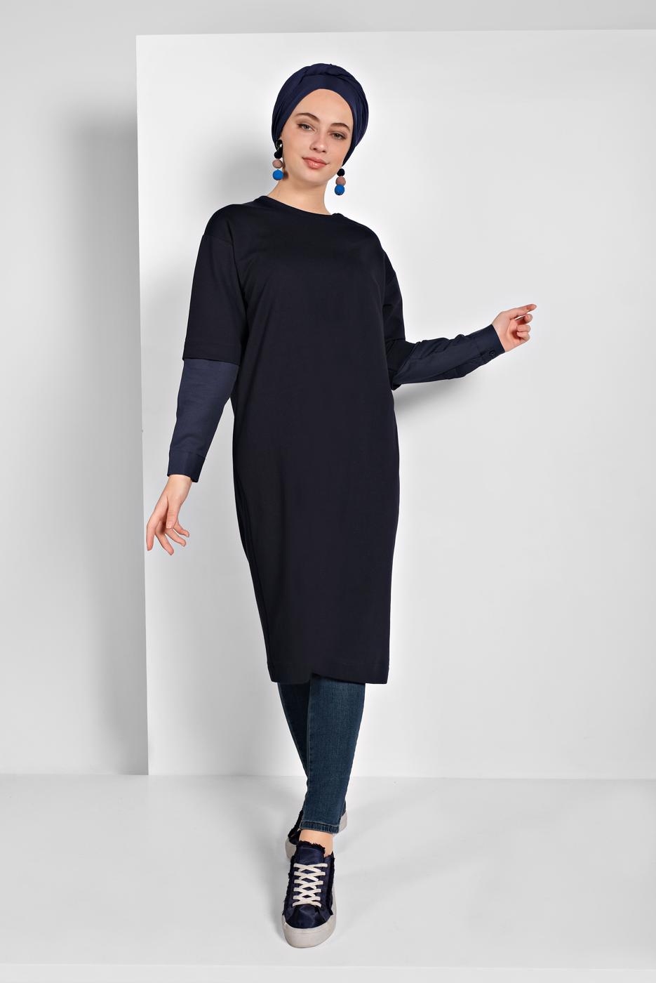 Tesettür giyim LACİVERT KOL KISMI DETAYLI TUNİK 98225