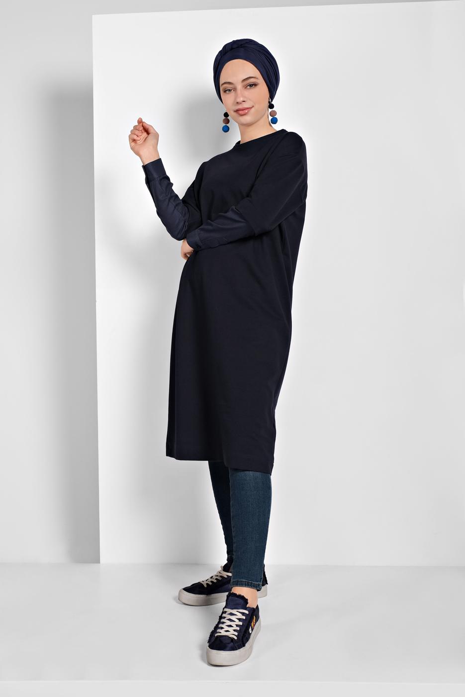 Tesettür giyim LACİVERT KOL KISMI DETAYLI TUNİK 98225
