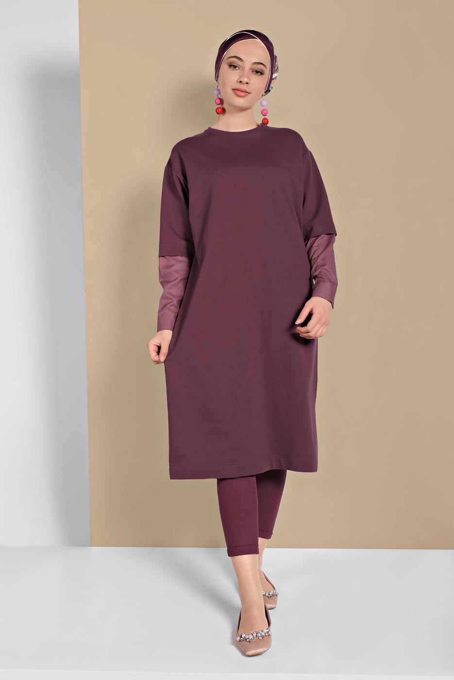 Tesettür giyim PEMBE KOL KISMI DETAYLI TUNİK 98225