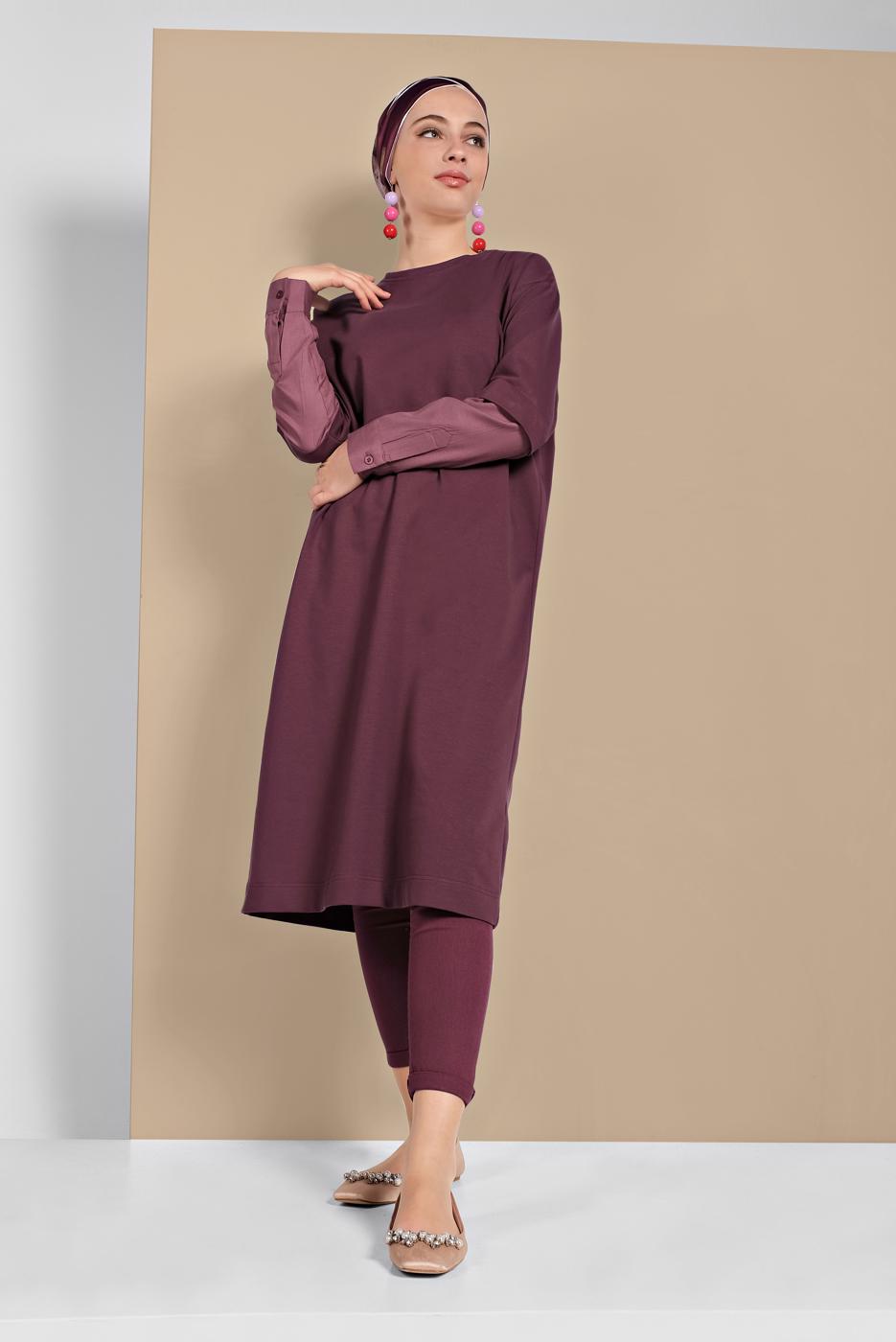 Tesettür giyim PEMBE KOL KISMI DETAYLI TUNİK 98225