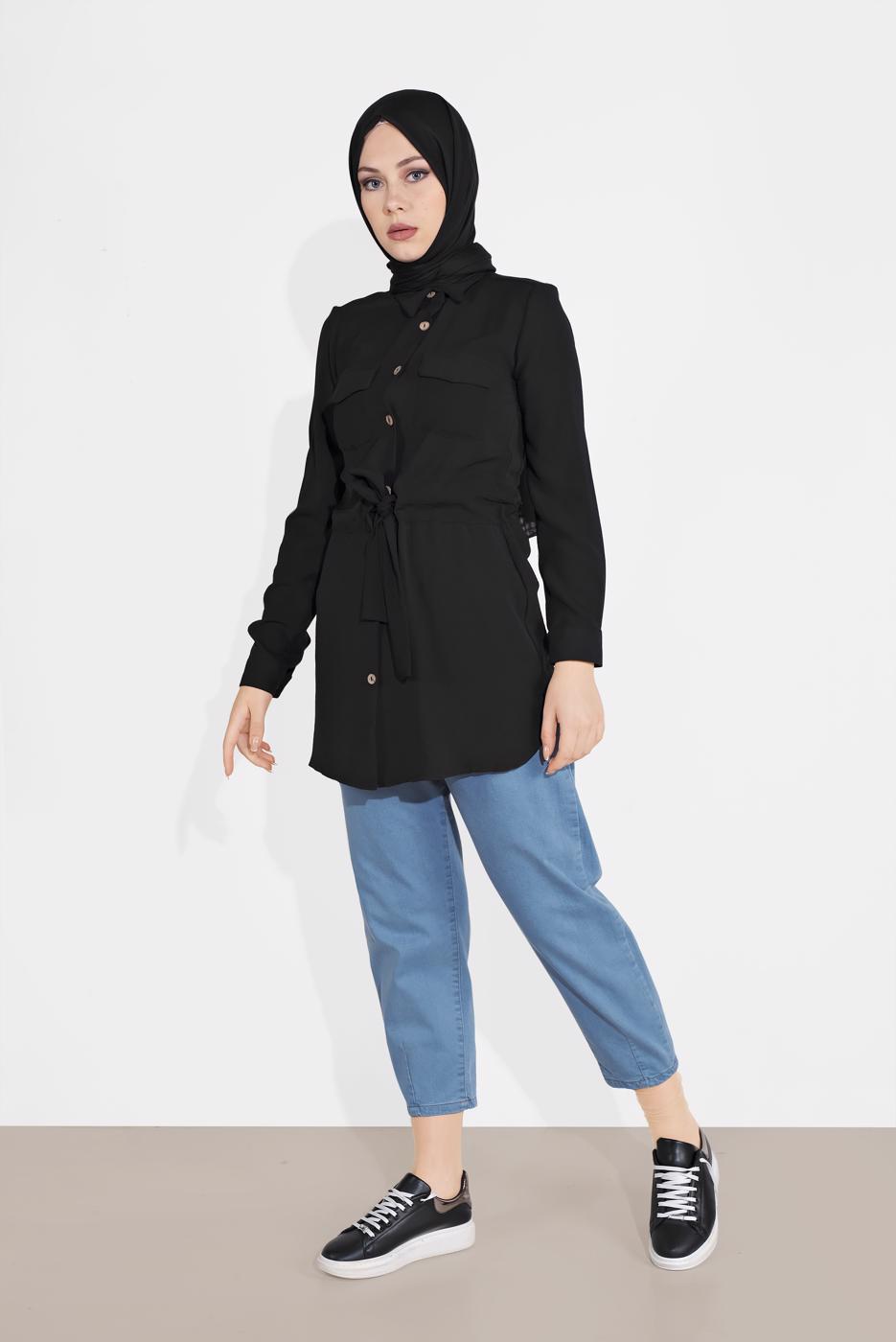 Hijab clothing BLACK TIE-FRONT BUTTON TRIMMED TUNIC 0111