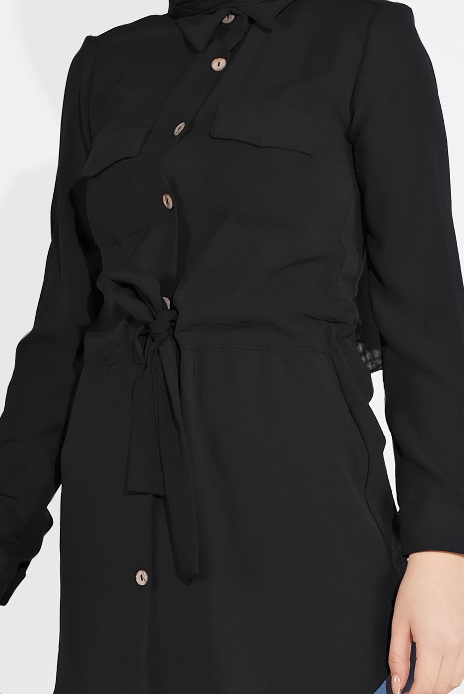 Hijab clothing BLACK TIE-FRONT BUTTON TRIMMED TUNIC 0111