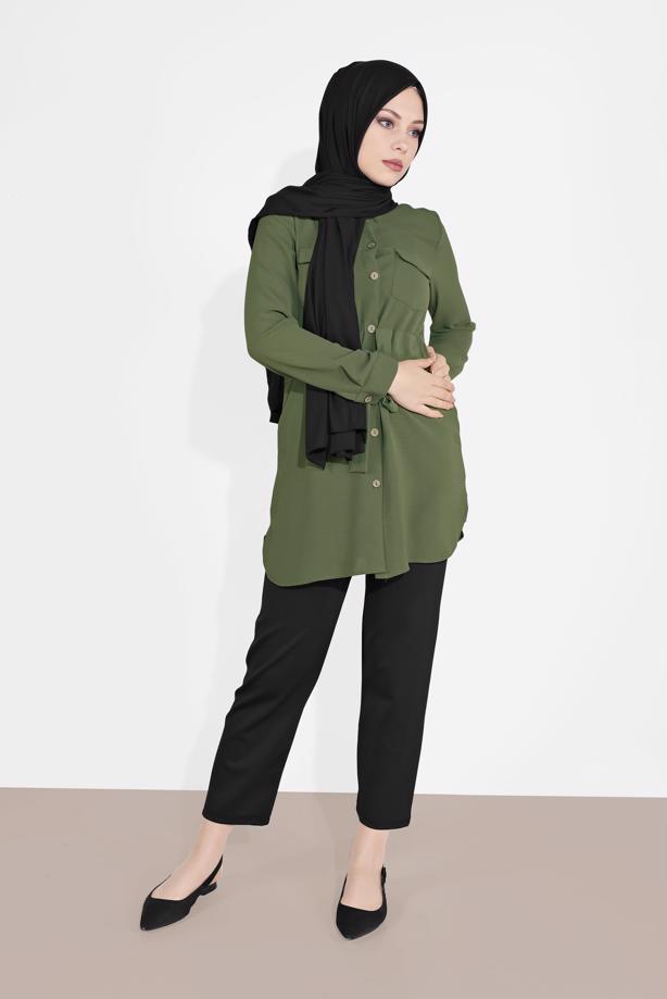 Vêtements hijab  TIE-FRONT BUTTON TRIMMED TUNIC 0111 - TRENDTESETTÜR