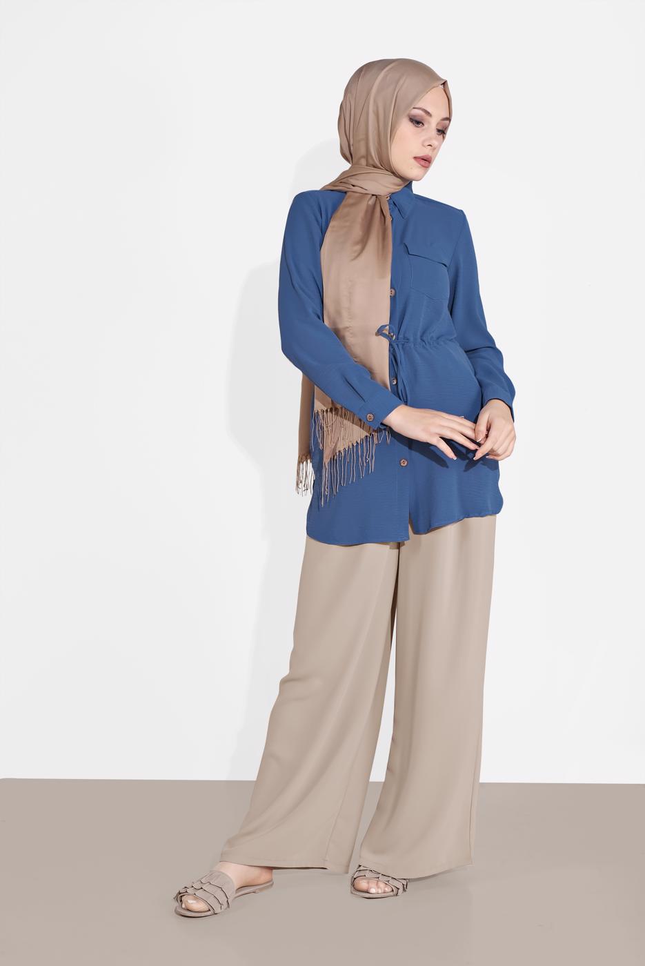 Hijab clothing NAVY BLUE TIE-FRONT BUTTON TRIMMED TUNIC 0111