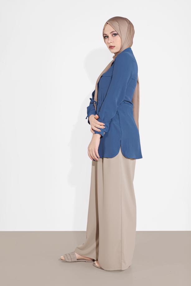Hijab clothing  TIE-FRONT BUTTON TRIMMED TUNIC 0111 - TRENDTESETTÜR