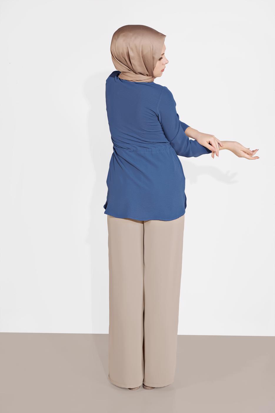 Hijab clothing NAVY BLUE TIE-FRONT BUTTON TRIMMED TUNIC 0111