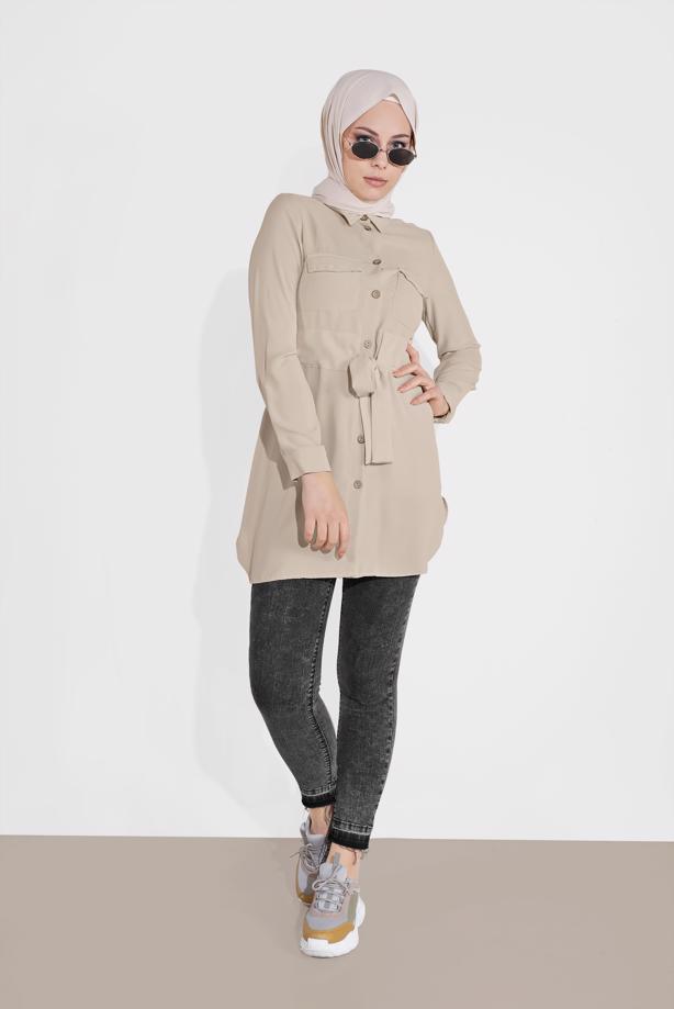 Hijab clothing  TIE-FRONT BUTTON TRIMMED TUNIC 0111 - TRENDTESETTÜR