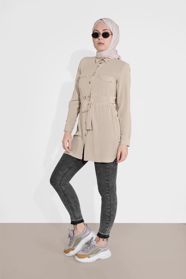 Hijab clothing  TIE-FRONT BUTTON TRIMMED TUNIC 0111 - TRENDTESETTÜR