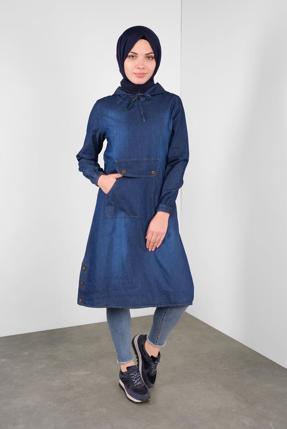 Vêtements hijab BLEU MARINE TUNIQUE EN JEAN À CAPUCHE 201 