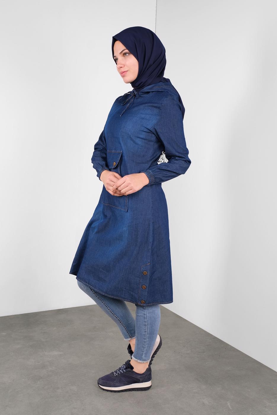 Vêtements hijab BLEU MARINE TUNIQUE EN JEAN À CAPUCHE 201 