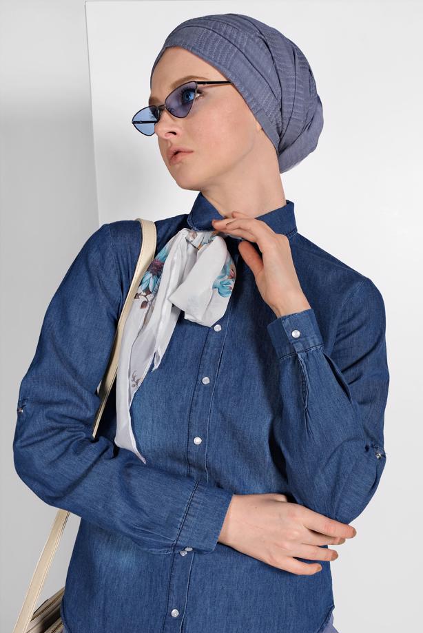 Tesettür giyim LACİVERT ÇITÇITLI DENİM BLUZ 0303 - TRENDTESETTÜR