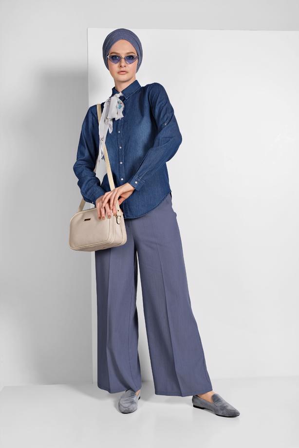 Tesettür giyim LACİVERT ÇITÇITLI DENİM BLUZ 0303 - TRENDTESETTÜR