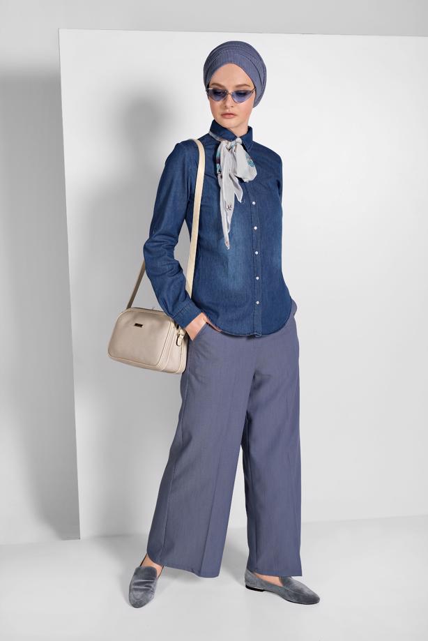 Tesettür giyim LACİVERT ÇITÇITLI DENİM BLUZ 0303 - TRENDTESETTÜR