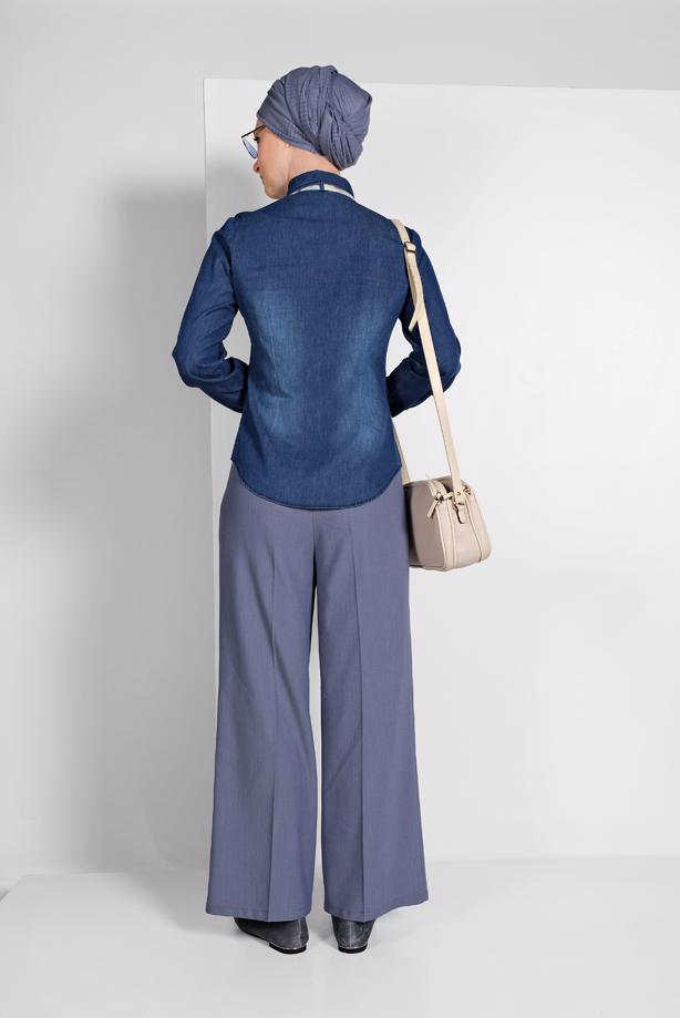 Tesettür giyim LACİVERT ÇITÇITLI DENİM BLUZ 0303 - TRENDTESETTÜR