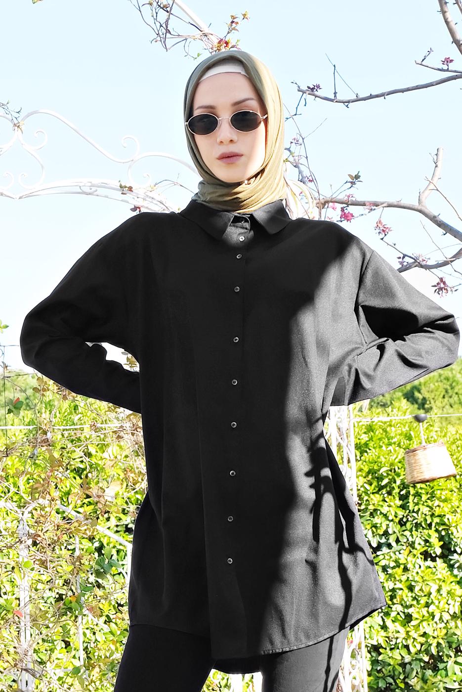 Tesettür giyim SİYAH DÜĞMELİ ERKEK YAKA TUNİK 0311