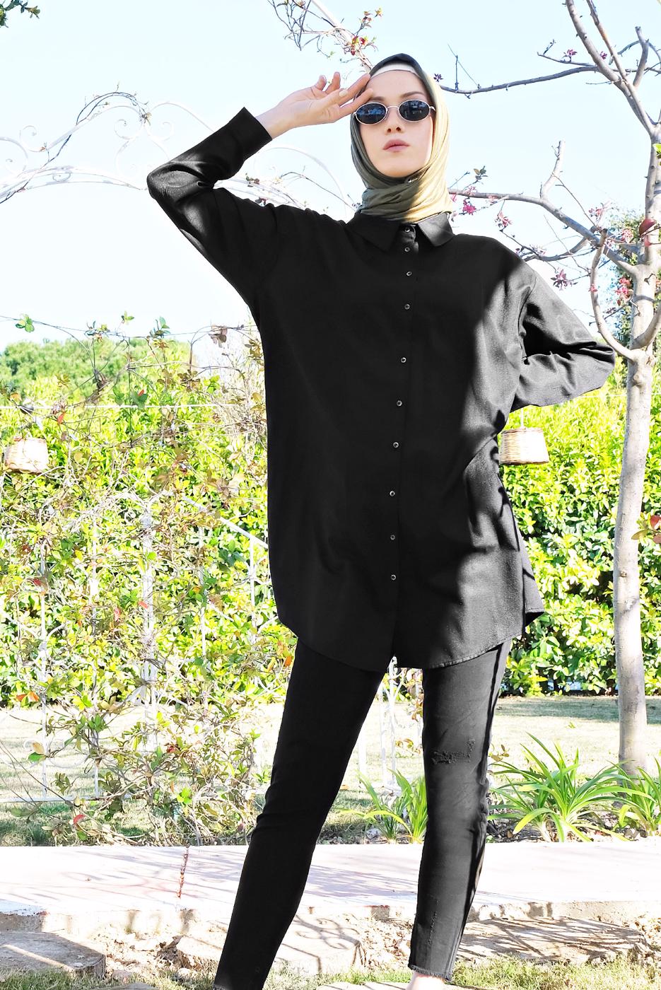 Tesettür giyim SİYAH DÜĞMELİ ERKEK YAKA TUNİK 0311