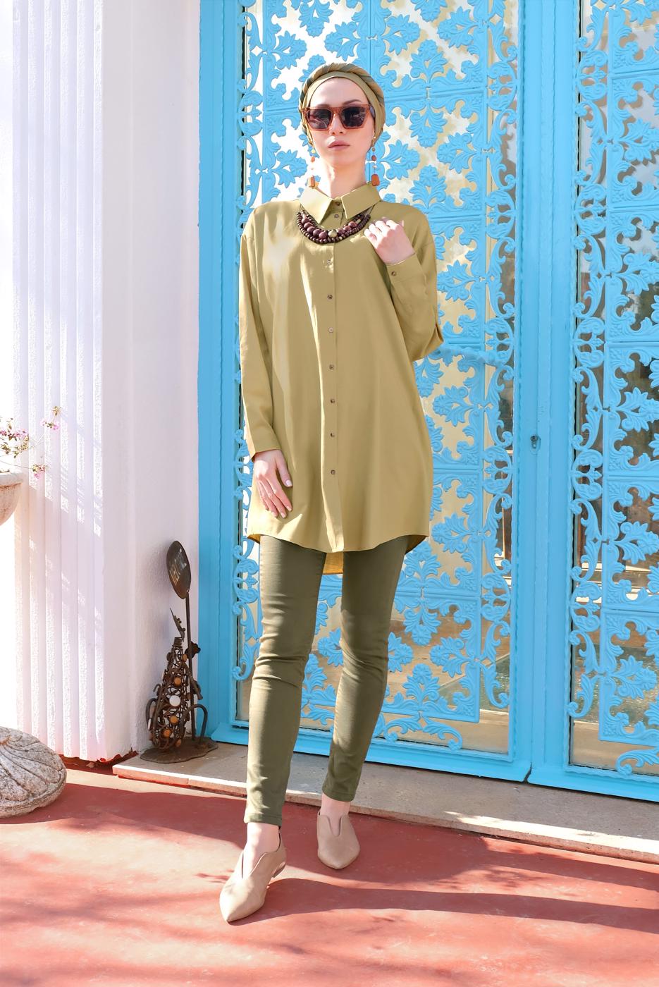 Tesettür giyim YEŞİL DÜĞMELİ ERKEK YAKA TUNİK 0311