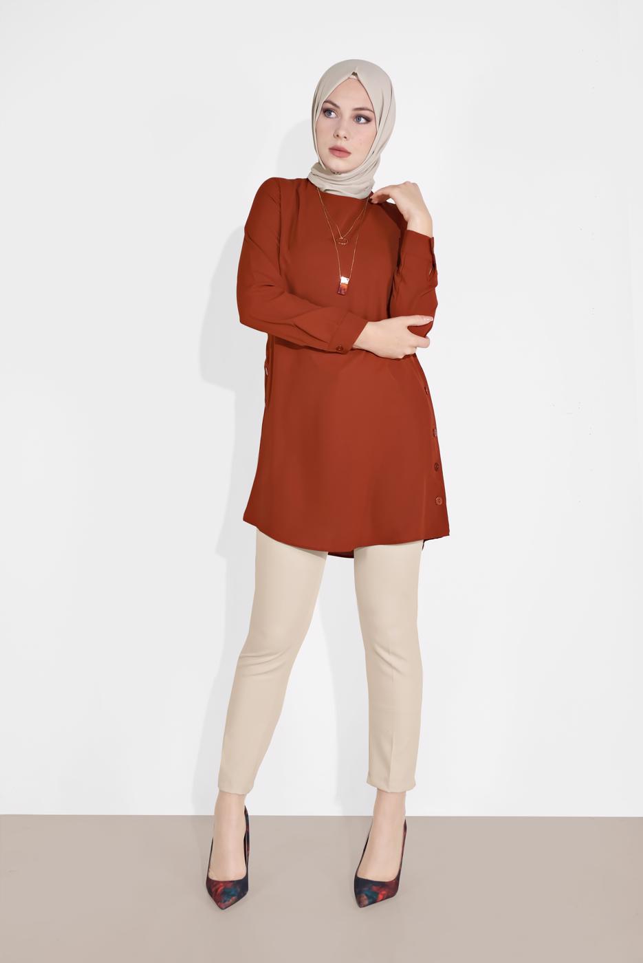 Tesettür giyim KAHVE DÜĞME DETAYLI KLASİK TUNİK 0911
