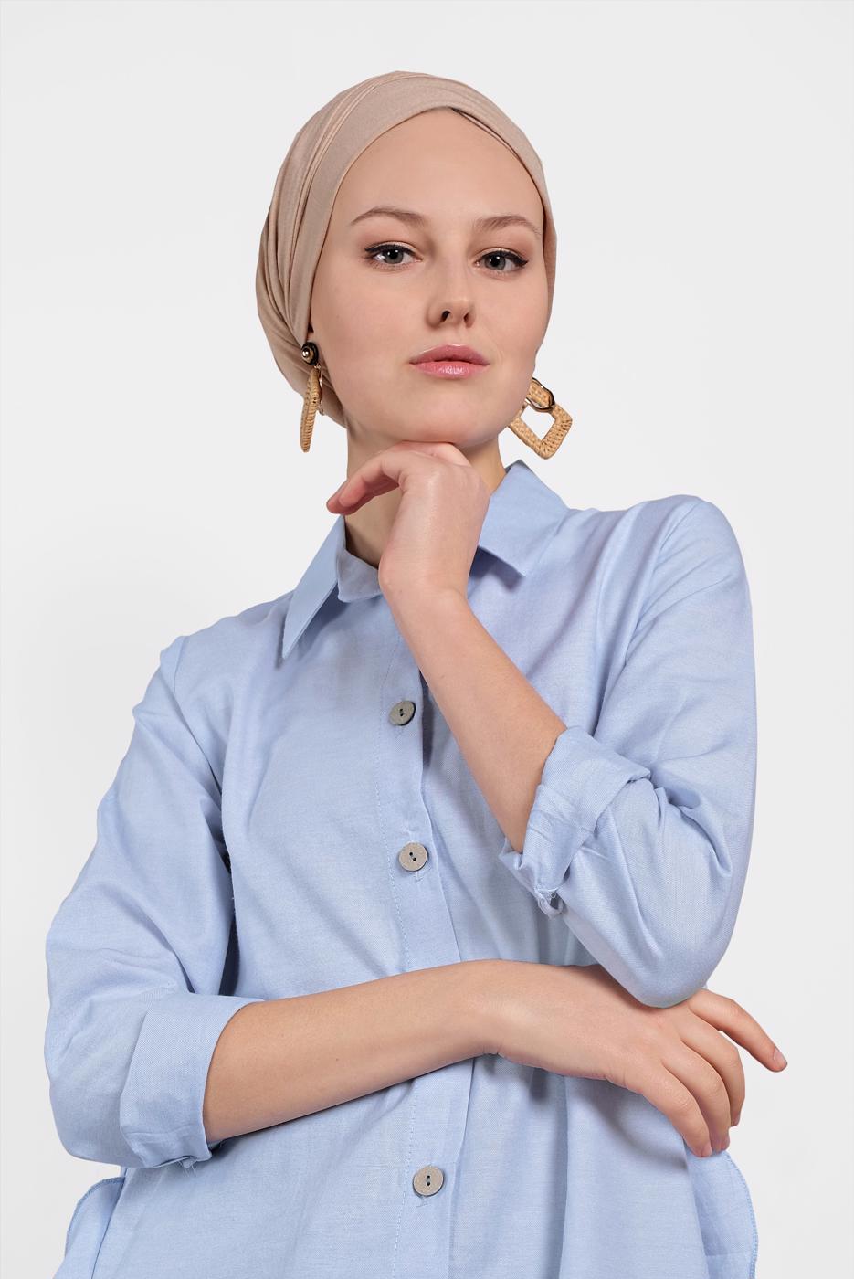 Tesettür giyim MAVİ FIRFIR DETAYLI DÜĞMELİ TUNİK 0945