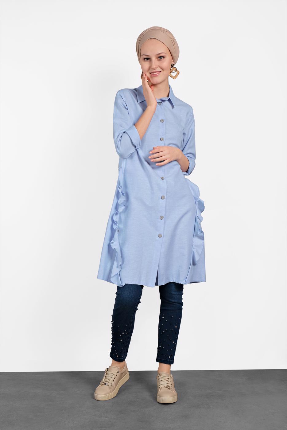 Tesettür giyim MAVİ FIRFIR DETAYLI DÜĞMELİ TUNİK 0945