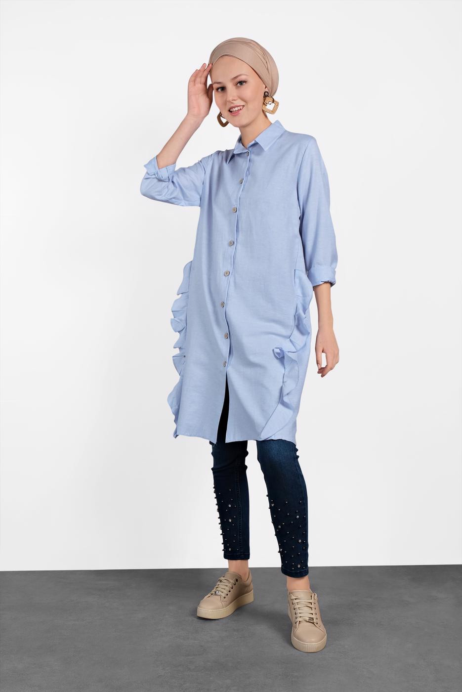 Tesettür giyim MAVİ FIRFIR DETAYLI DÜĞMELİ TUNİK 0945
