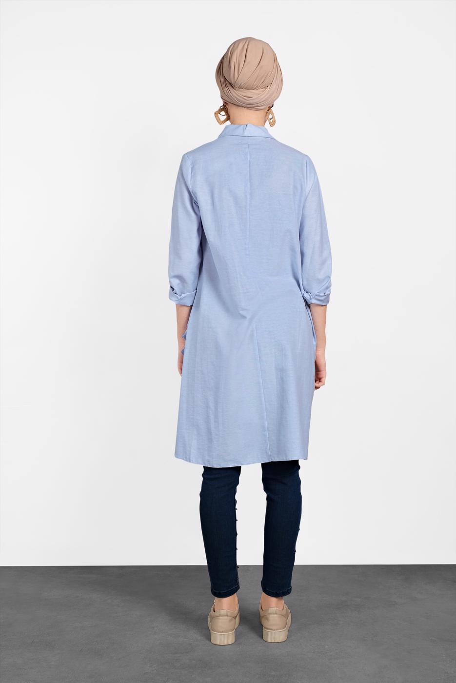 Tesettür giyim MAVİ FIRFIR DETAYLI DÜĞMELİ TUNİK 0945