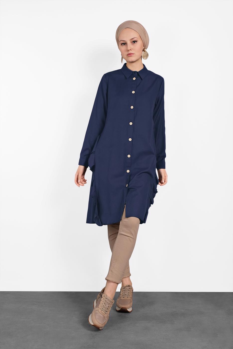 Tesettür giyim LACİVERT FIRFIR DETAYLI DÜĞMELİ TUNİK 0945
