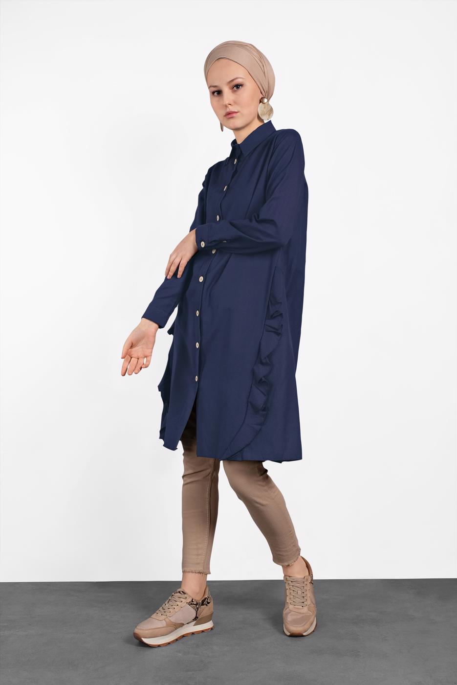 Tesettür giyim LACİVERT FIRFIR DETAYLI DÜĞMELİ TUNİK 0945