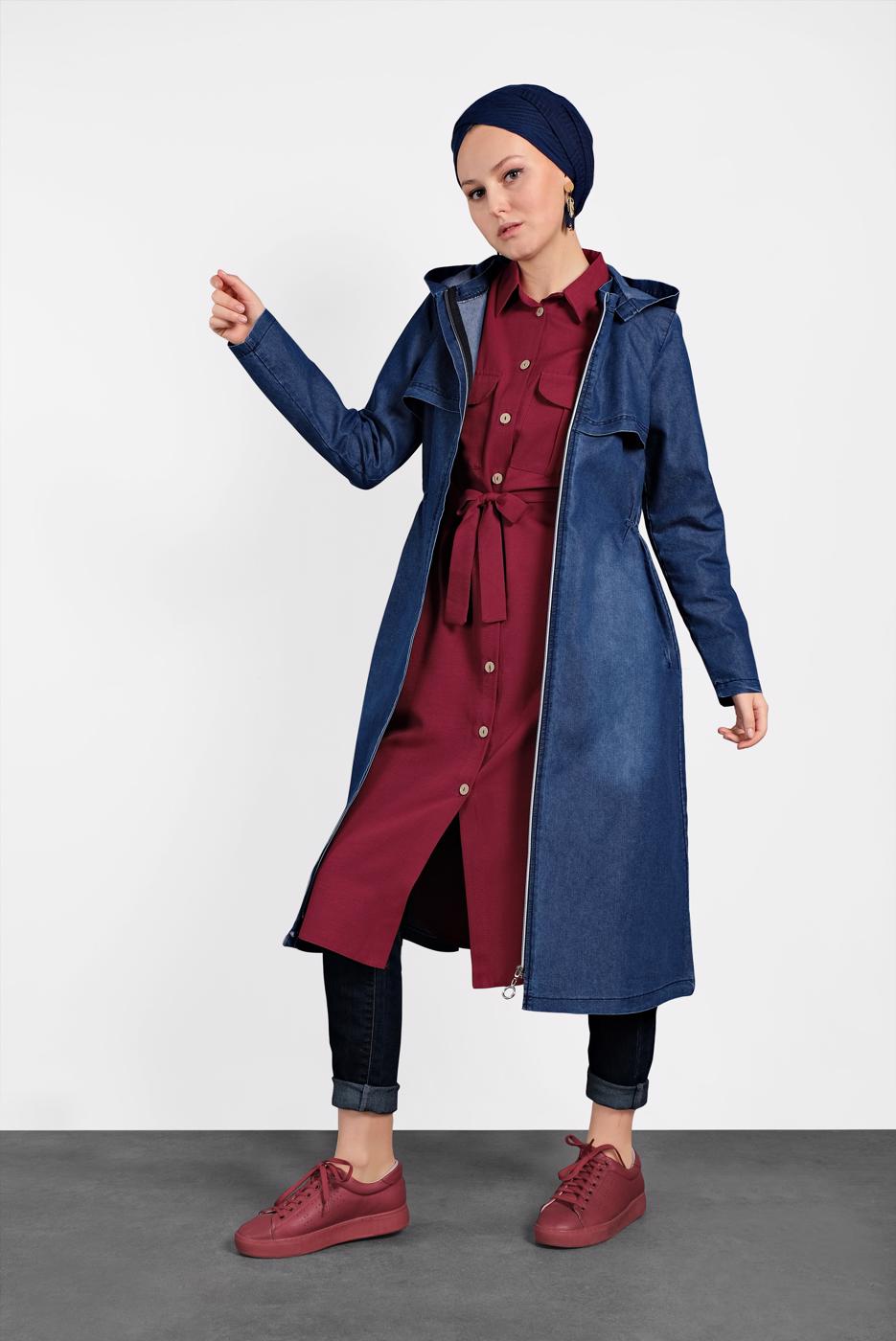 Tesettür giyim LACİVERT PAMUKLU DENİM TRENÇKOT 965