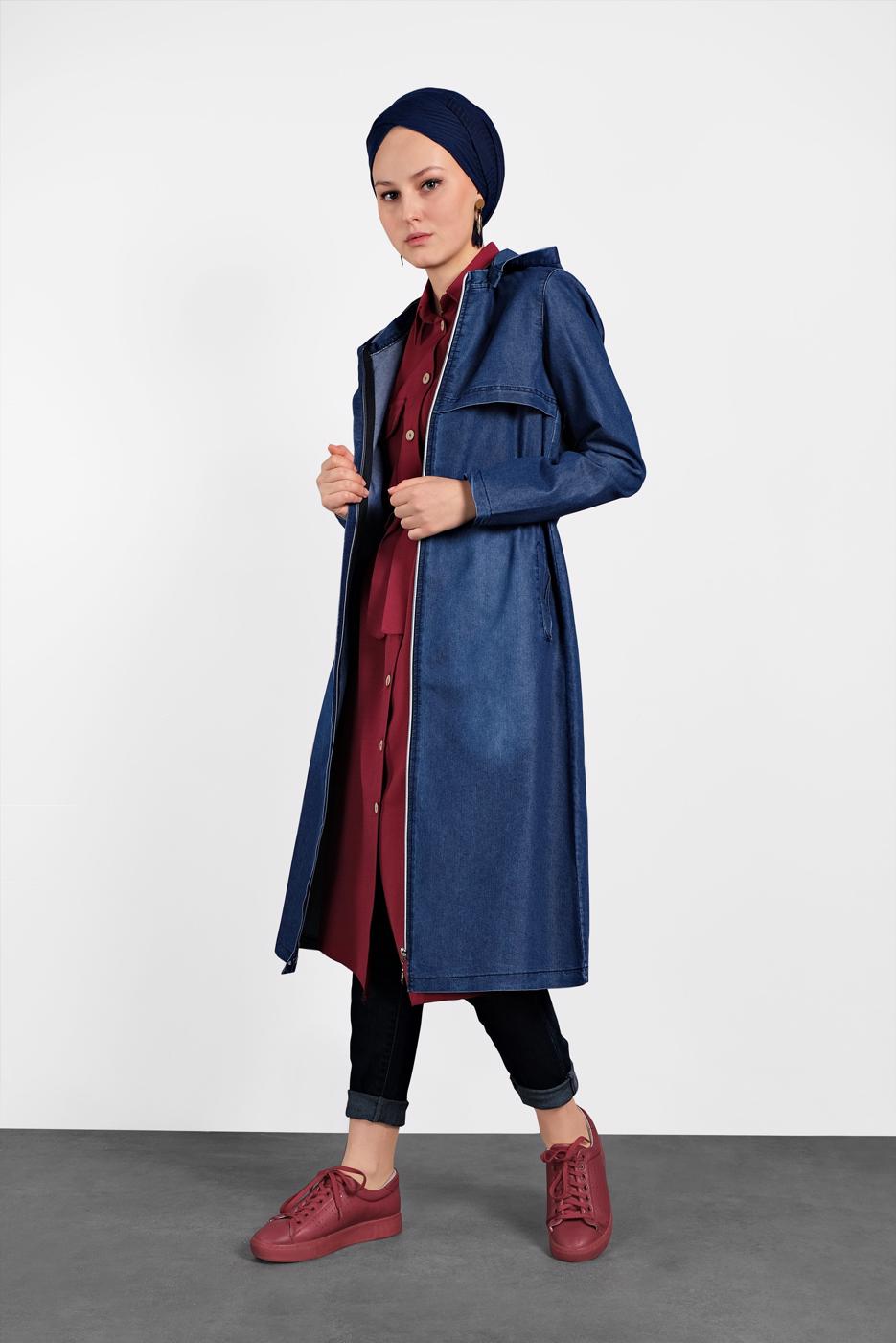 Tesettür giyim LACİVERT PAMUKLU DENİM TRENÇKOT 965