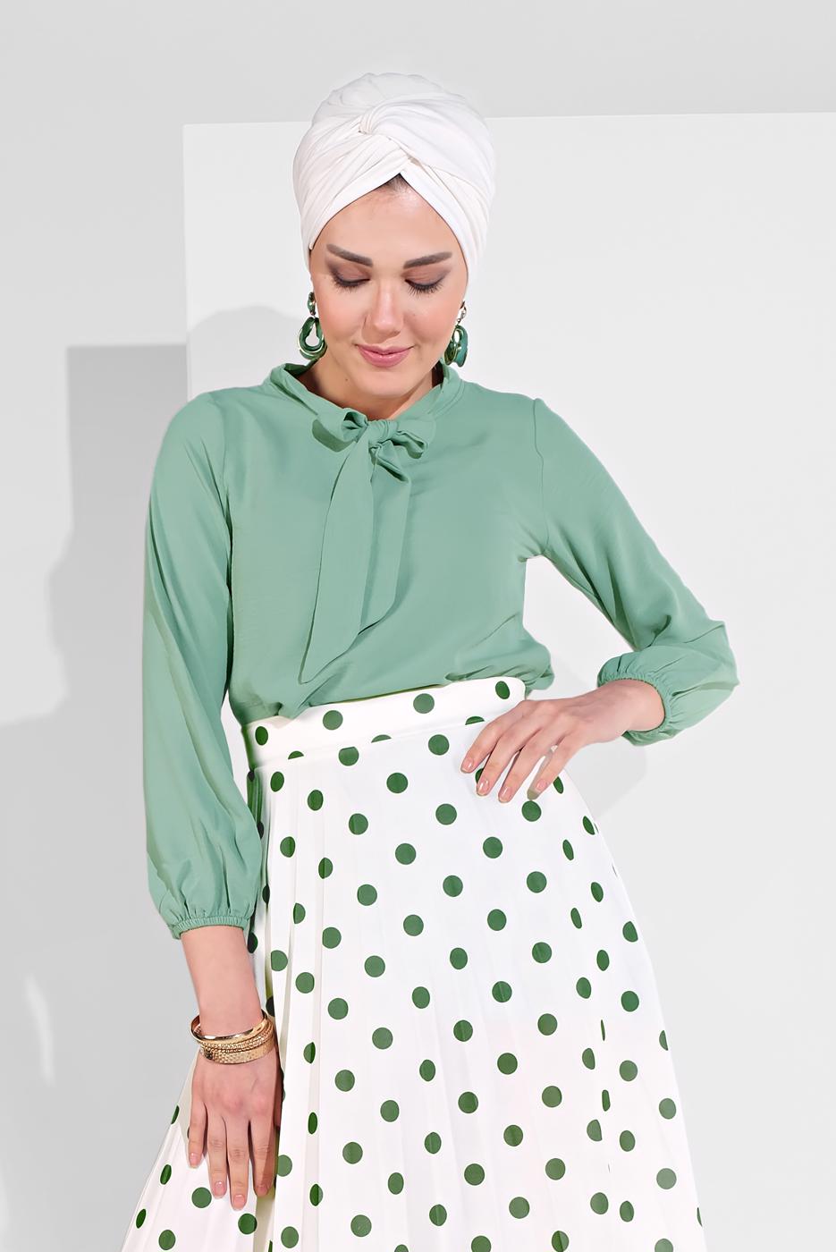 Hijab clothing GREEN TIE-COLLAR TUNIC 1091 