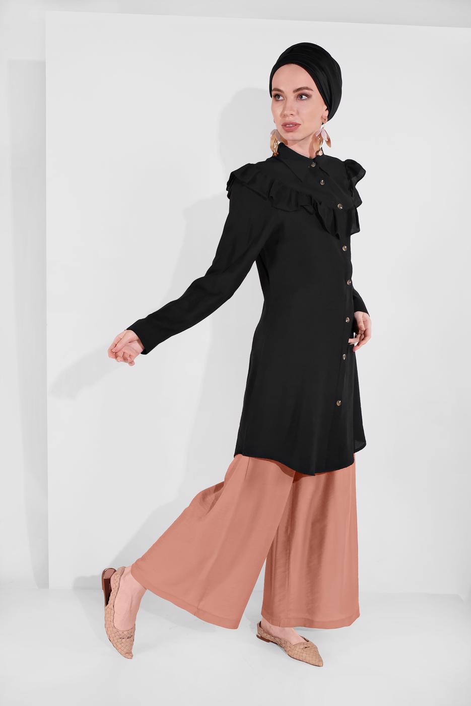 Tesettür giyim SİYAH FIRFIRLI DÜĞMELİ TUNİK 1225 