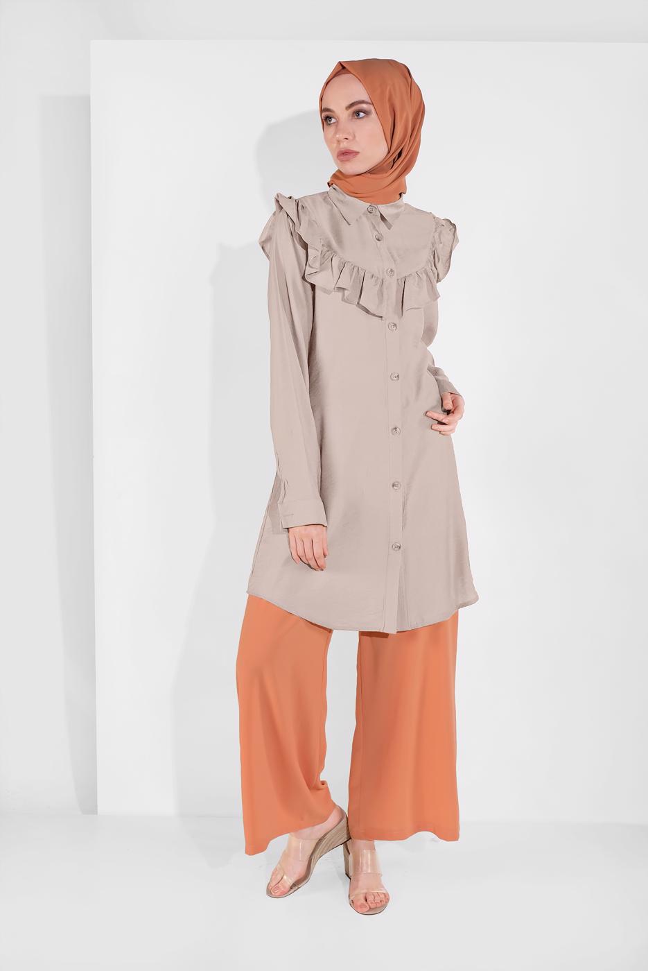 Hijab clothing BEIGE RUFFLED BUTTONED TUNIC 1225