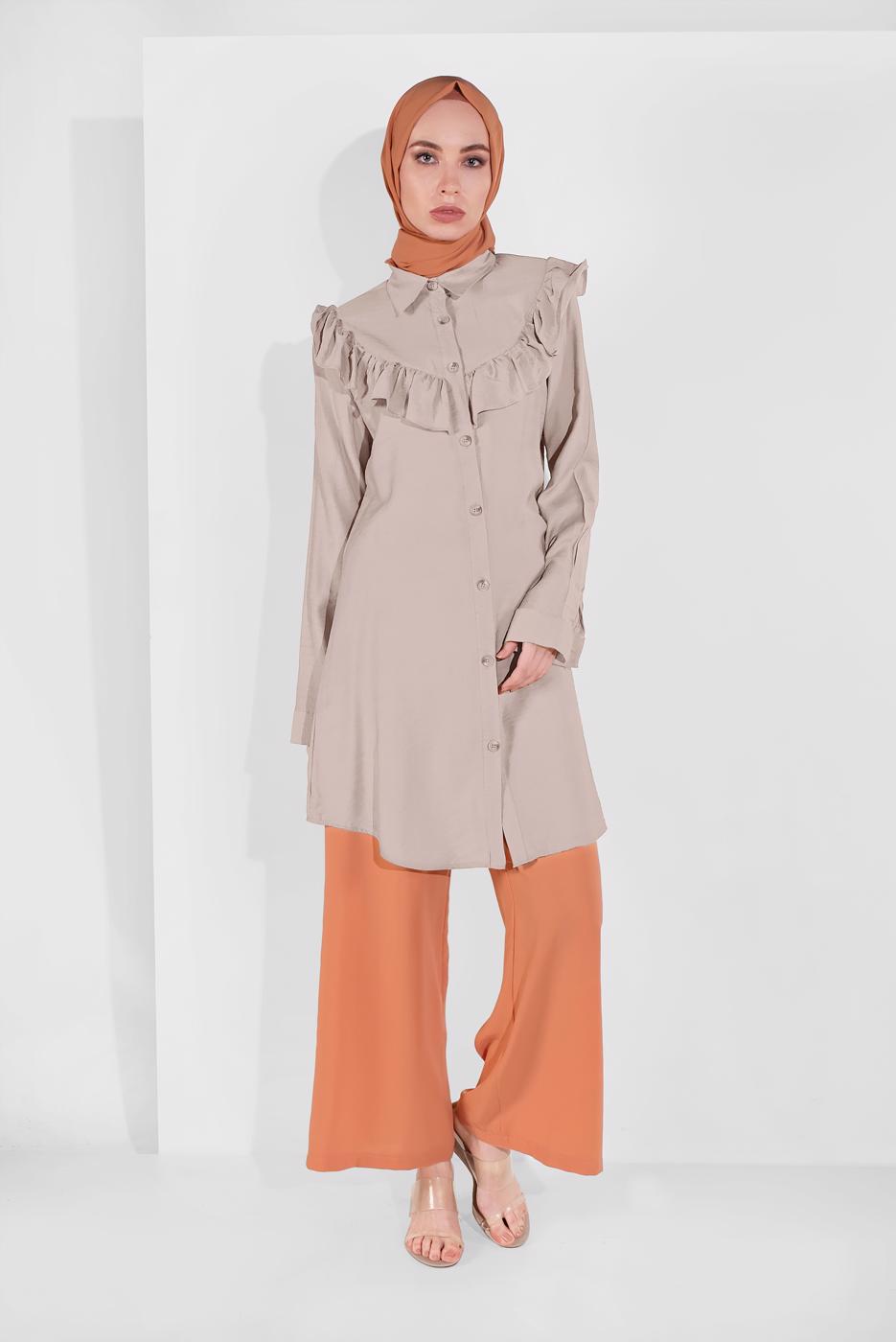 Hijab clothing BEIGE RUFFLED BUTTONED TUNIC 1225