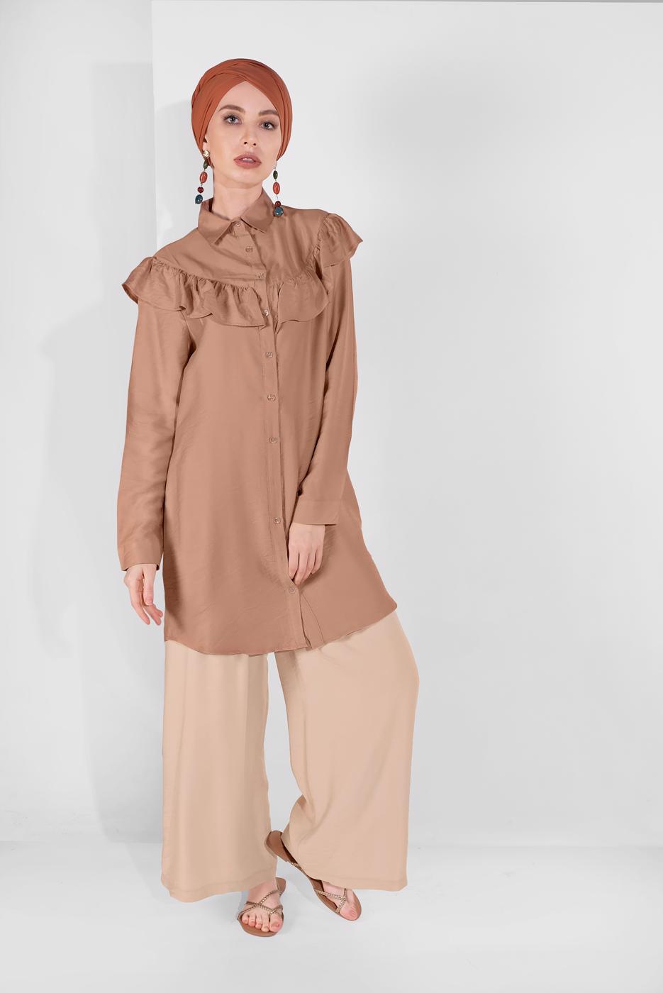 Tesettür giyim BEJ FIRFIRLI DÜĞMELİ TUNİK 1225 