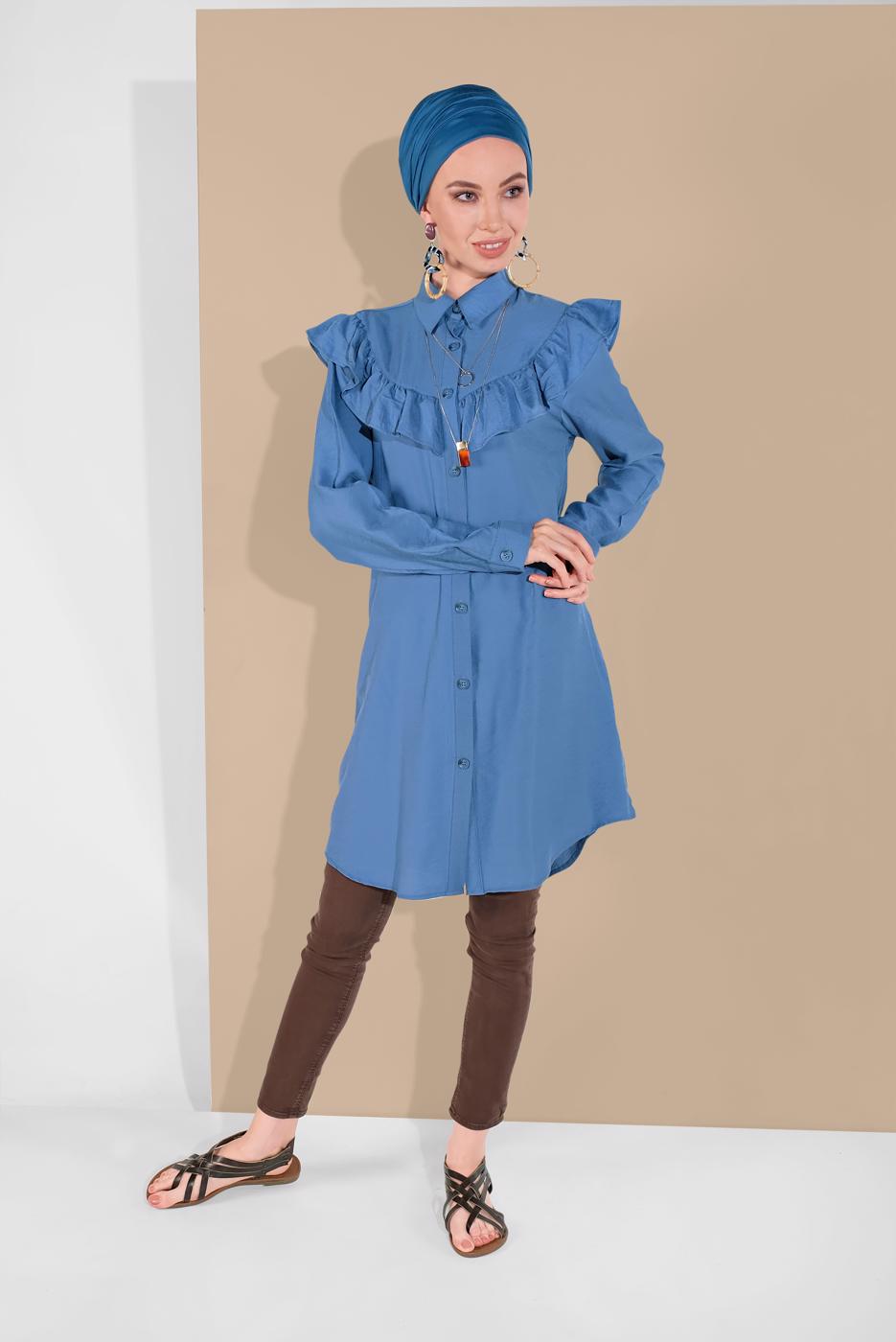 Tesettür giyim MAVİ FIRFIRLI DÜĞMELİ TUNİK 1225 