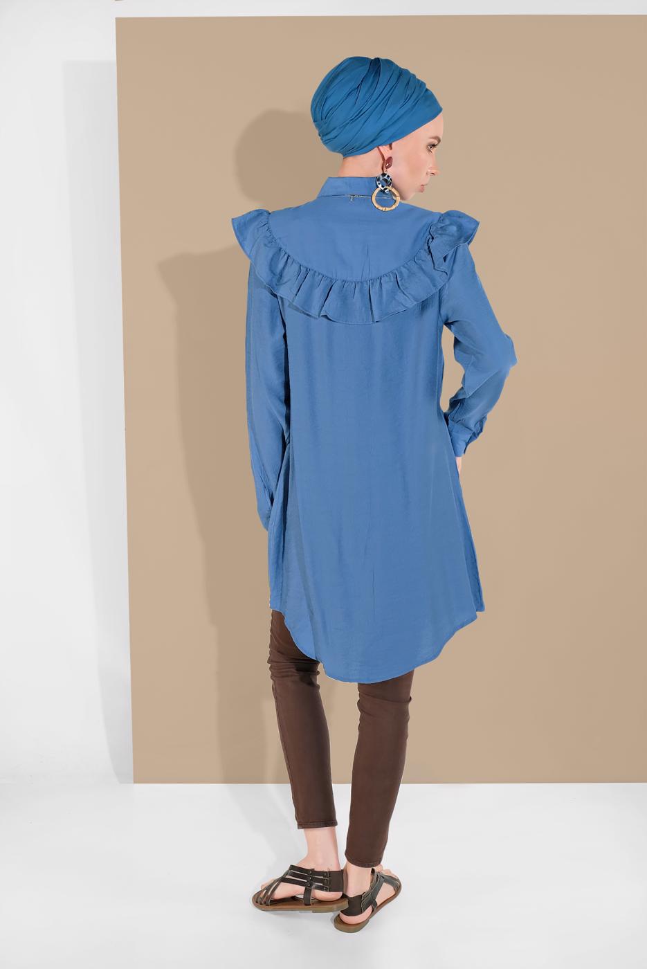 Tesettür giyim MAVİ FIRFIRLI DÜĞMELİ TUNİK 1225 