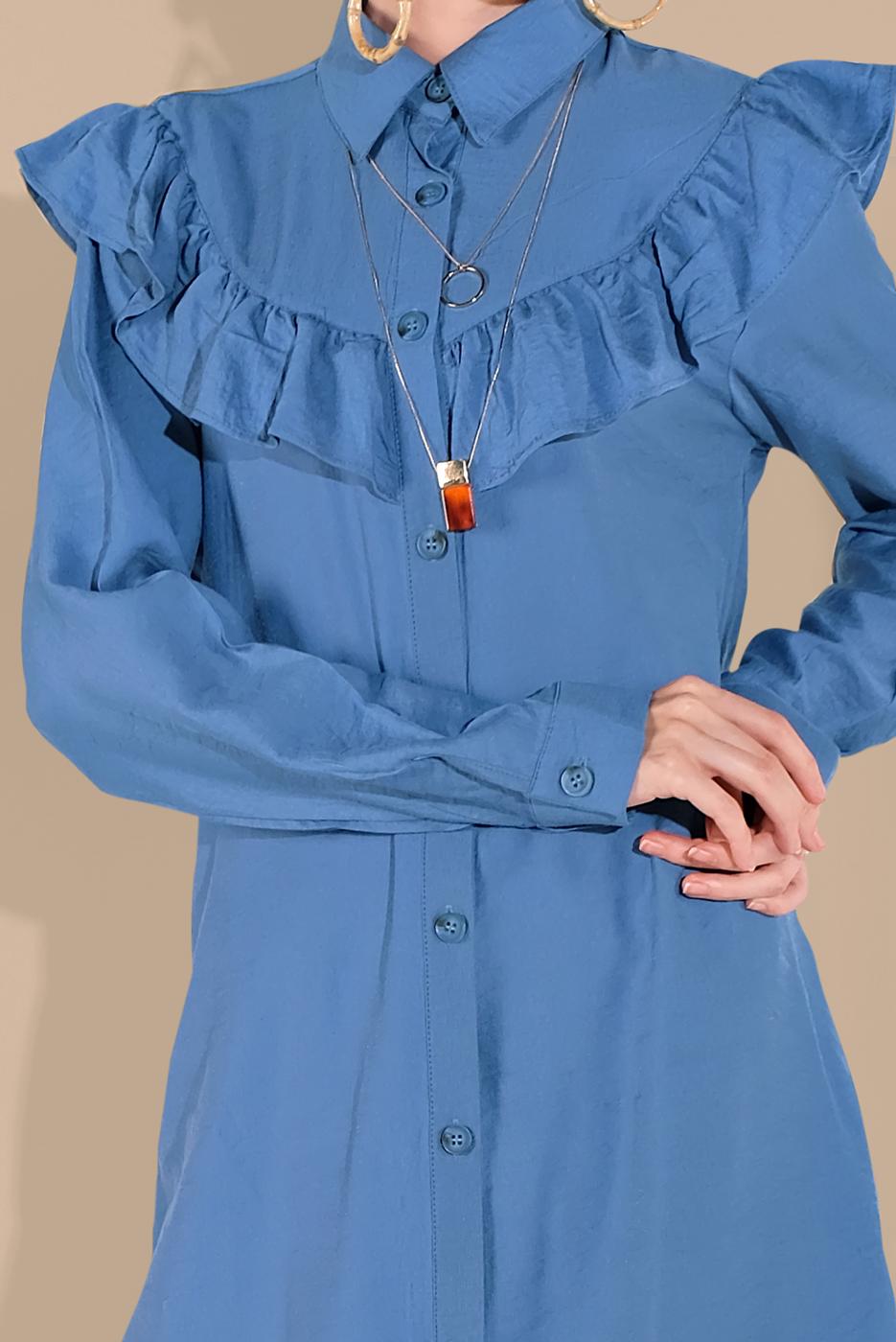 Tesettür giyim MAVİ FIRFIRLI DÜĞMELİ TUNİK 1225 