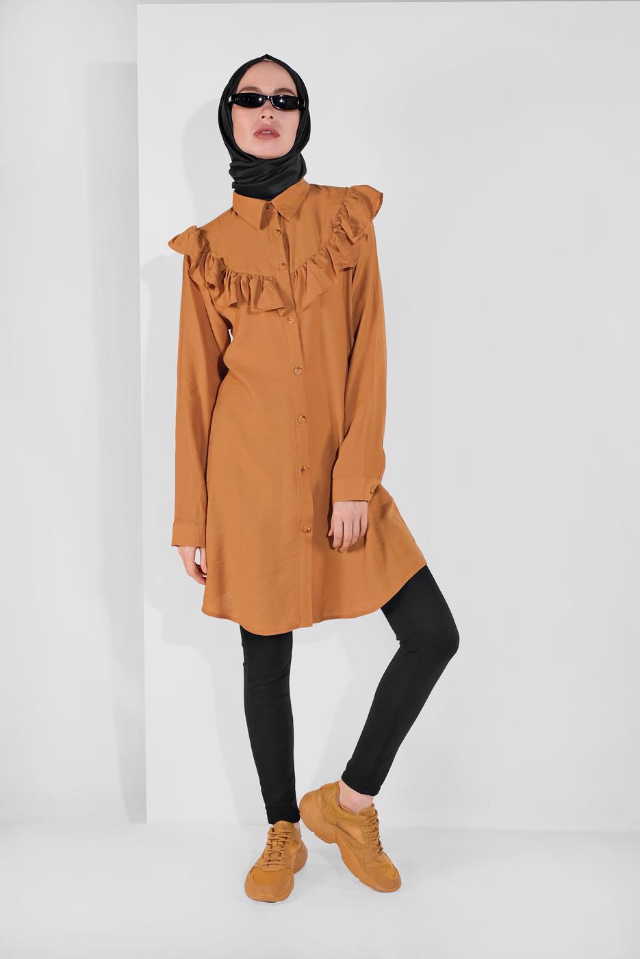 Tesettür giyim SARI FIRFIRLI DÜĞMELİ TUNİK 1225 