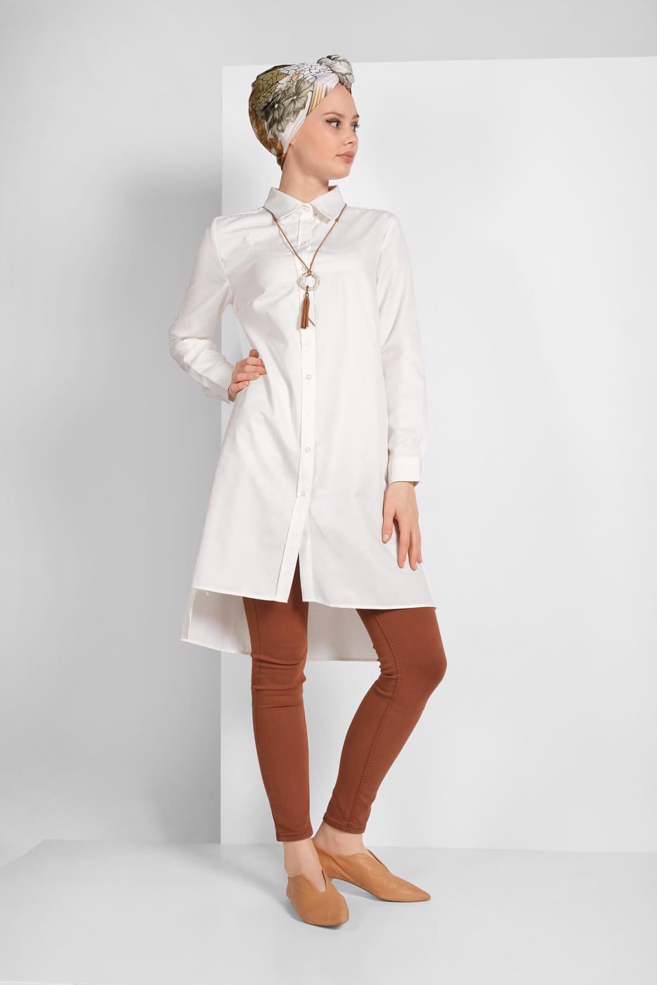 Hijab clothing ECRU ASYMMETRICAL BUTTON TRIMMED TUNIC 1311