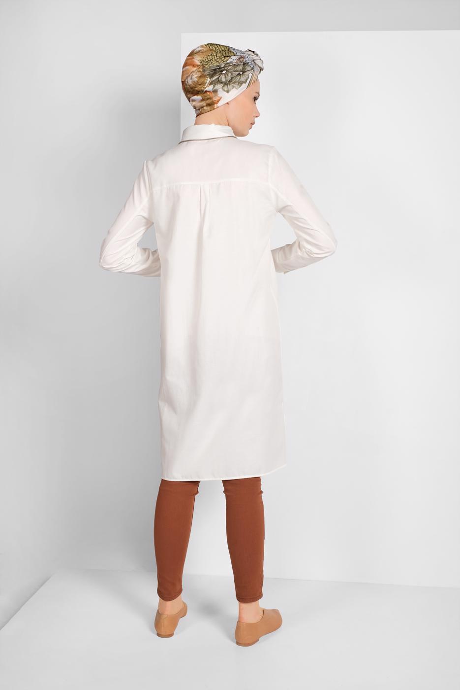 Hijab clothing ECRU ASYMMETRICAL BUTTON TRIMMED TUNIC 1311