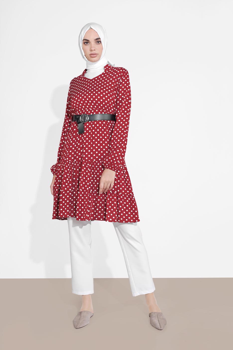 Vêtements hijab ROUGE TUNIQUE EN PIED-DE-POULE 1491 