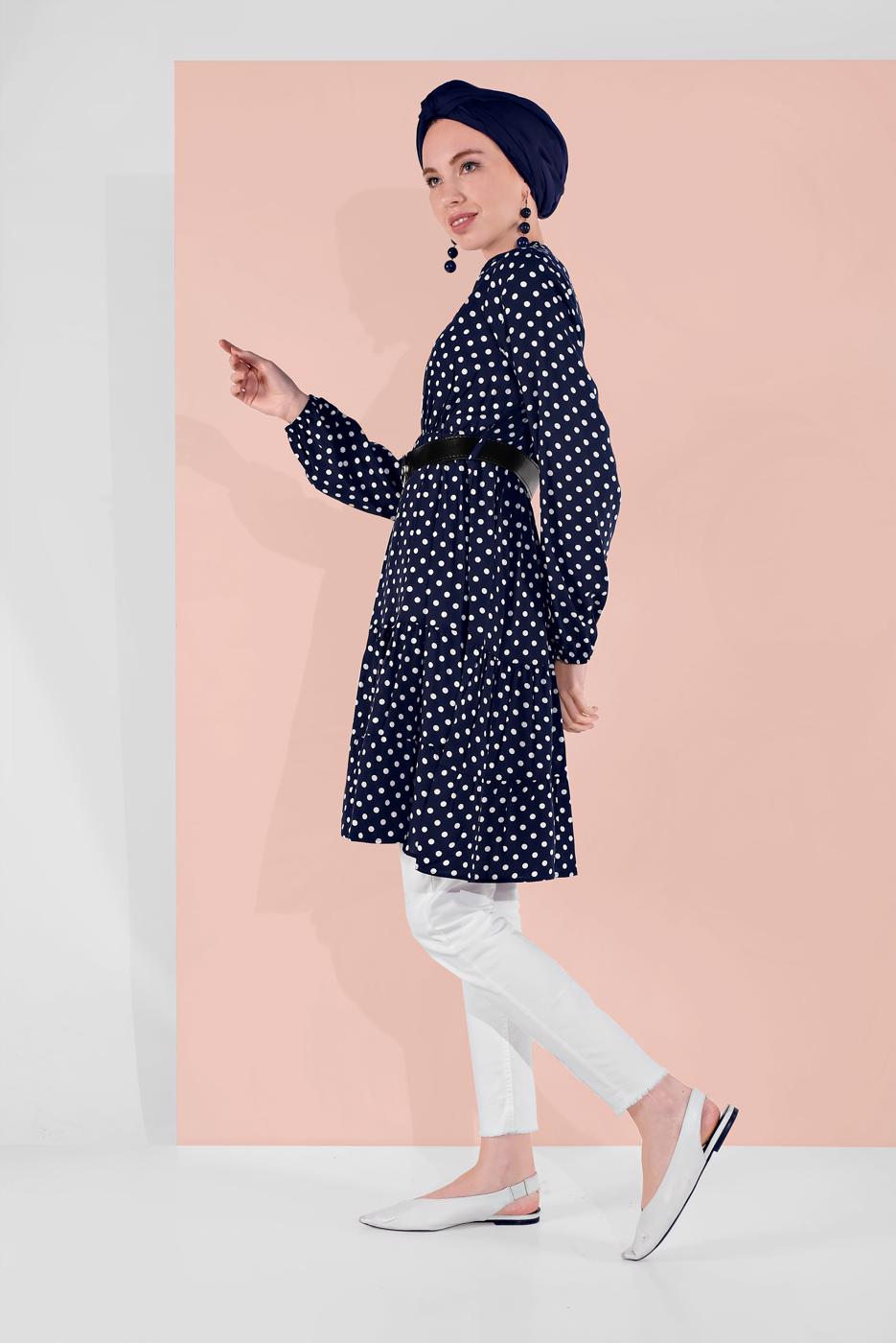 Hijab clothing NAVY BLUE POLKADOT TUNIC 1491