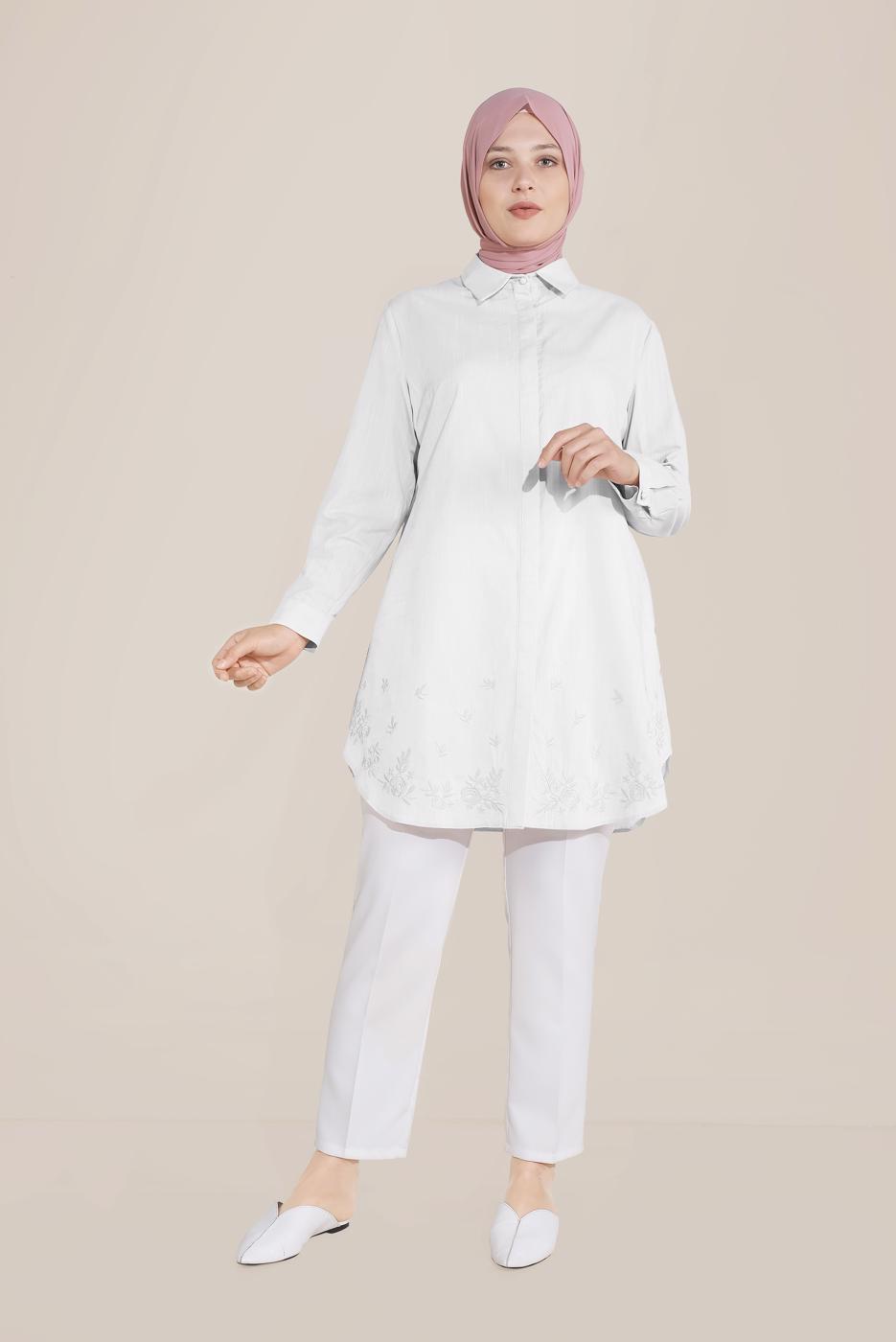 Vêtements hijab BLANC ALVİNA TUNIQUE INVISIBLE EN COTON À BOUTONS 20045
